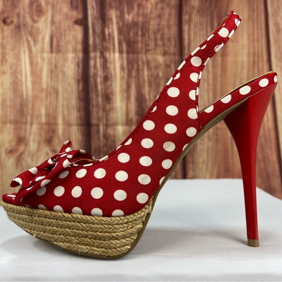 Red and white polka dot Bettie boop rockabilly platform high heeled shoes size 9 - Picture 7 of 17